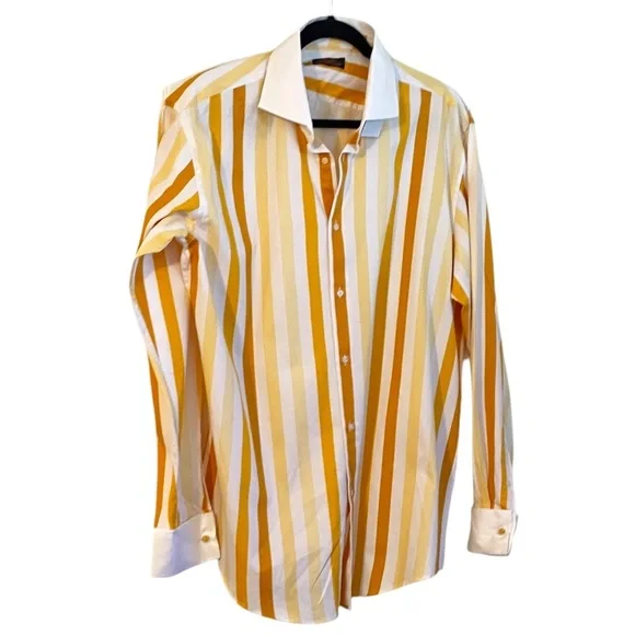 NEW STEVEN LAND FRENCH MEN'S YELLOW MULTI STRIPED LONG SLEEVE DRESS SHIRT, SZ 17 - Picture 2 of 11